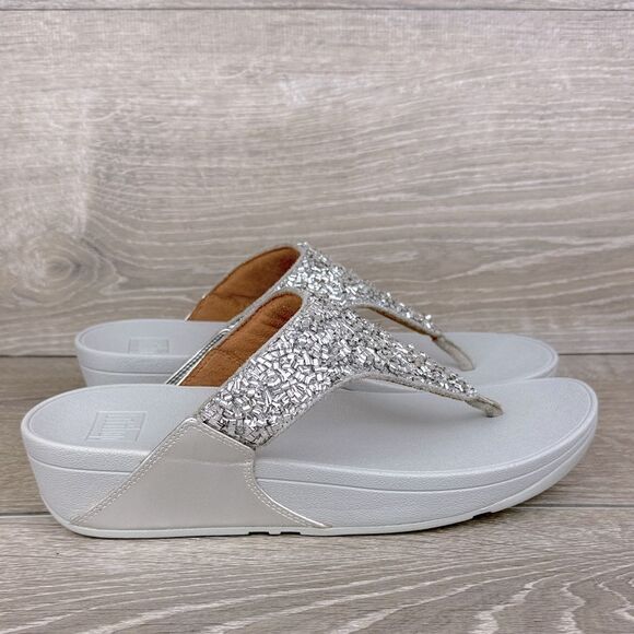 Fitflop LuLu Shimmerfoil Women’s Sz 10 Silver Metallic Thong Platform Sandal NWT - Picture 1 of 10